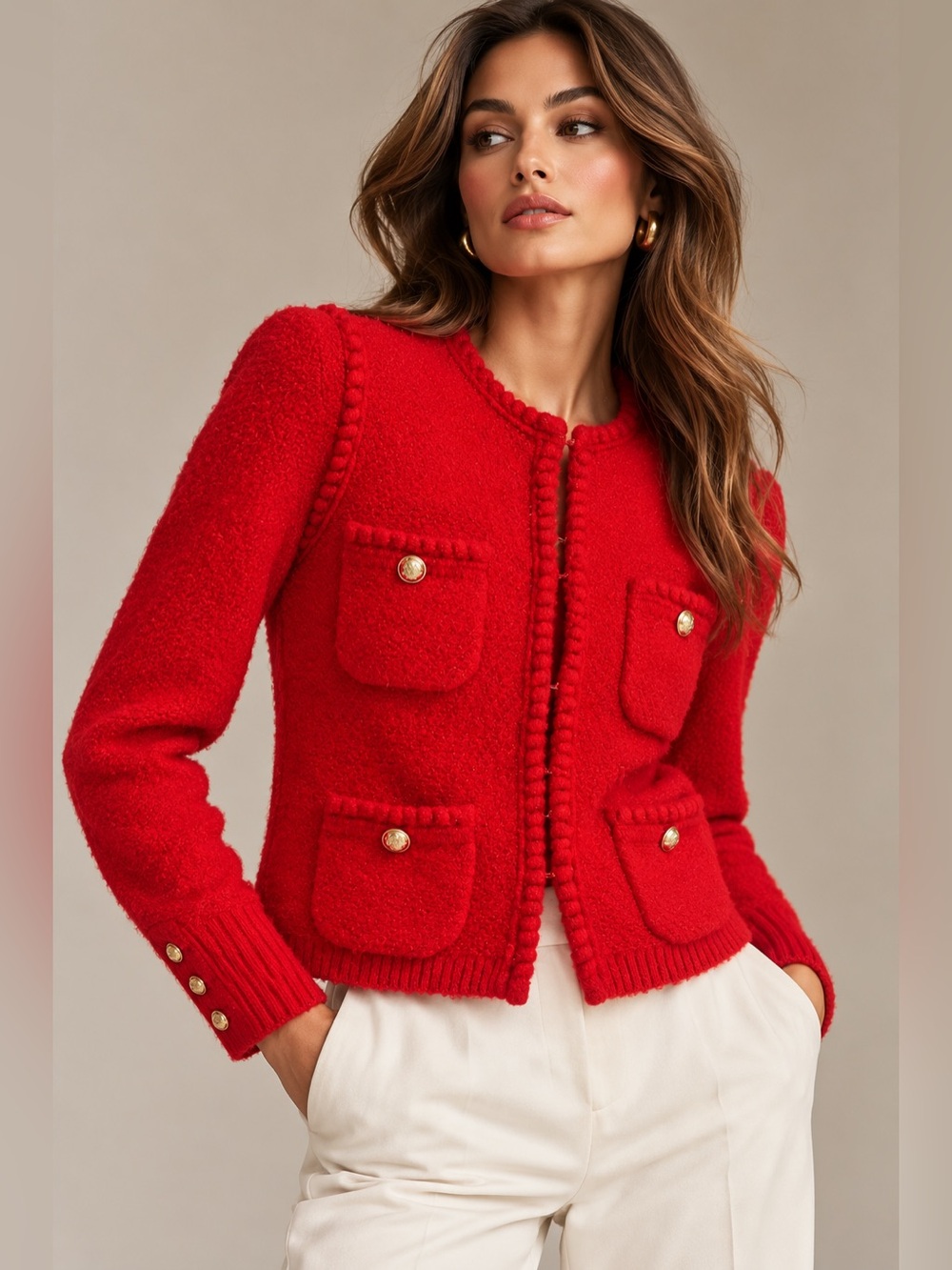 J.Crew Red Bouclé Sweater Jacket XS Hook Eye Closure 4 Pocket Gold Cresr Button